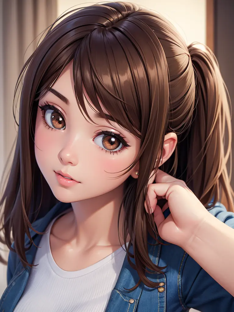 best quality, works, (realistic: 1,2), 1 girl, brown hair, brown eyes, front, detailed face, beautiful eyes