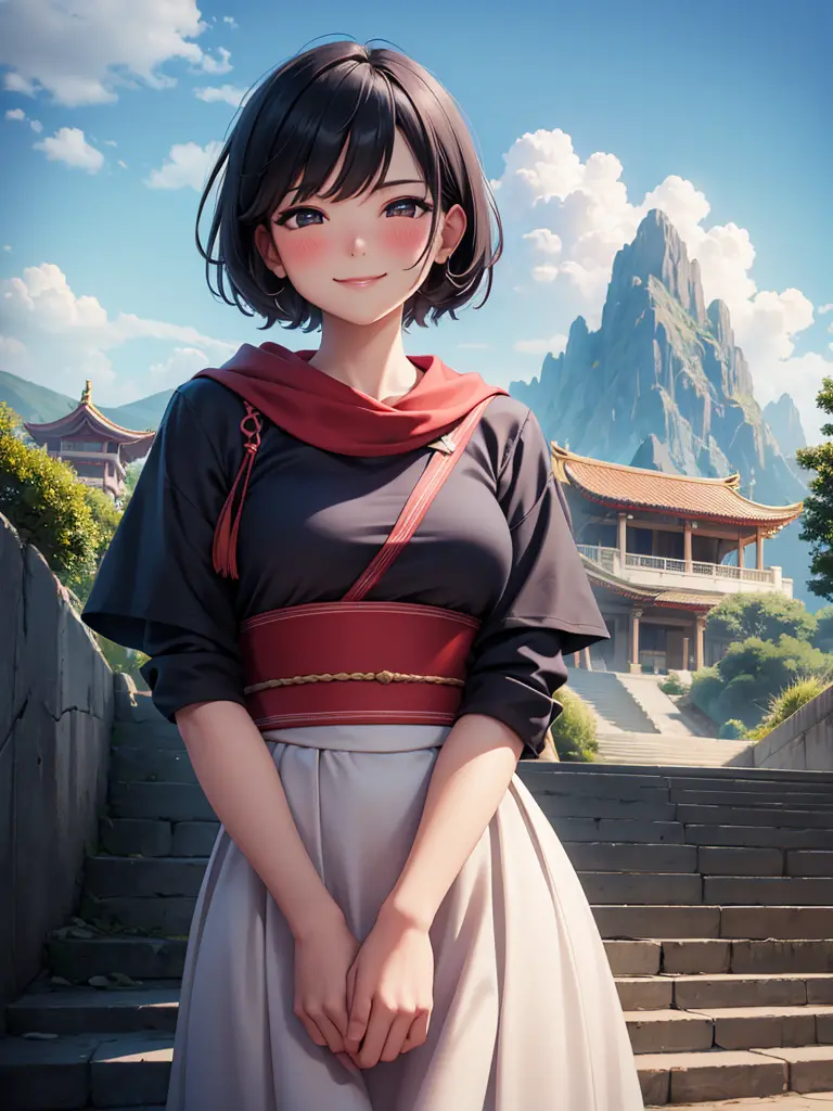 keqingdef, upper body, smile, blush, outdoors, day, simple background, blue sky, short hair, sky, temple, looking at viewer, sta...