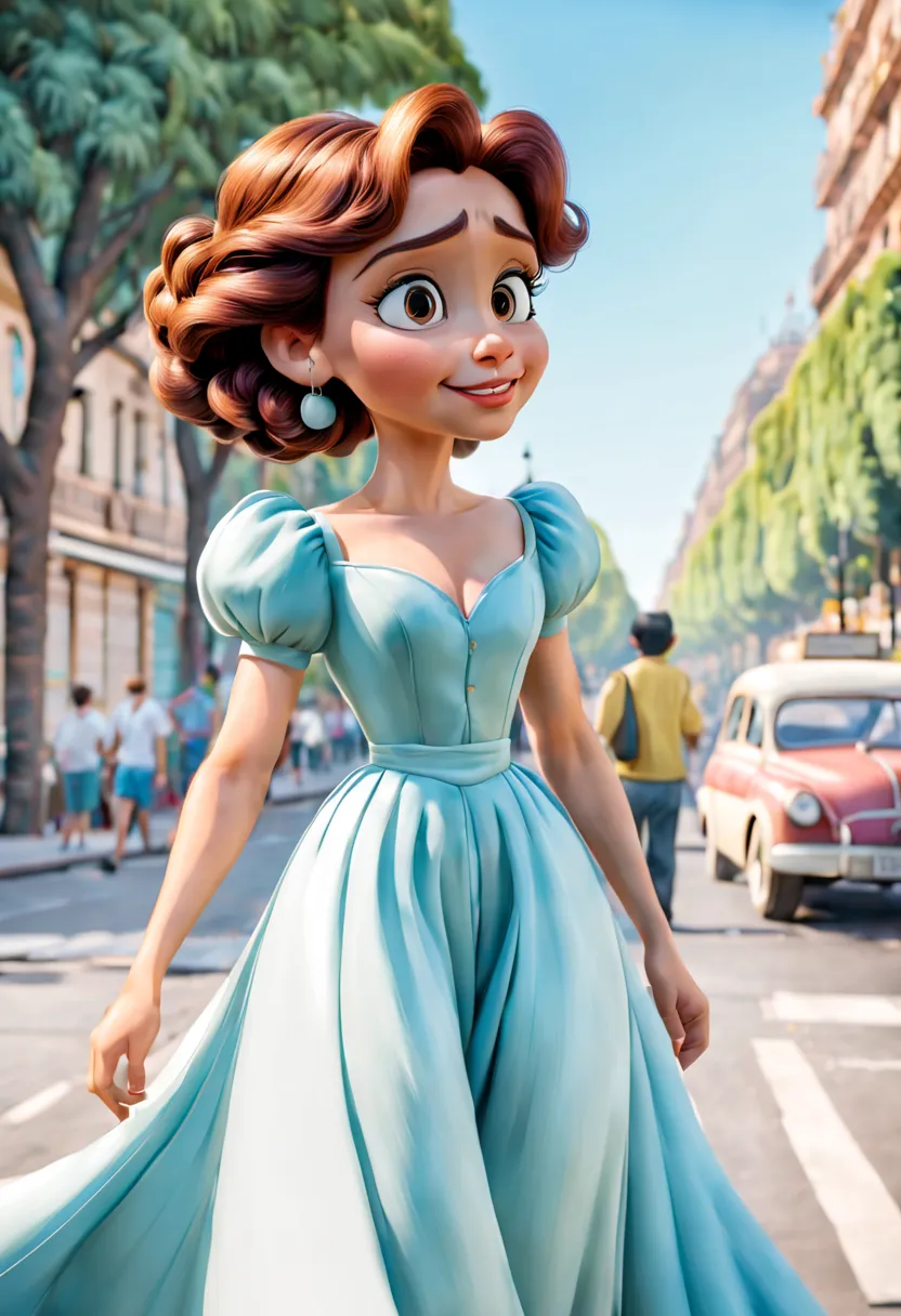 a person across the avenue in buenos aires, disney cartoon style, picture from a disney movie