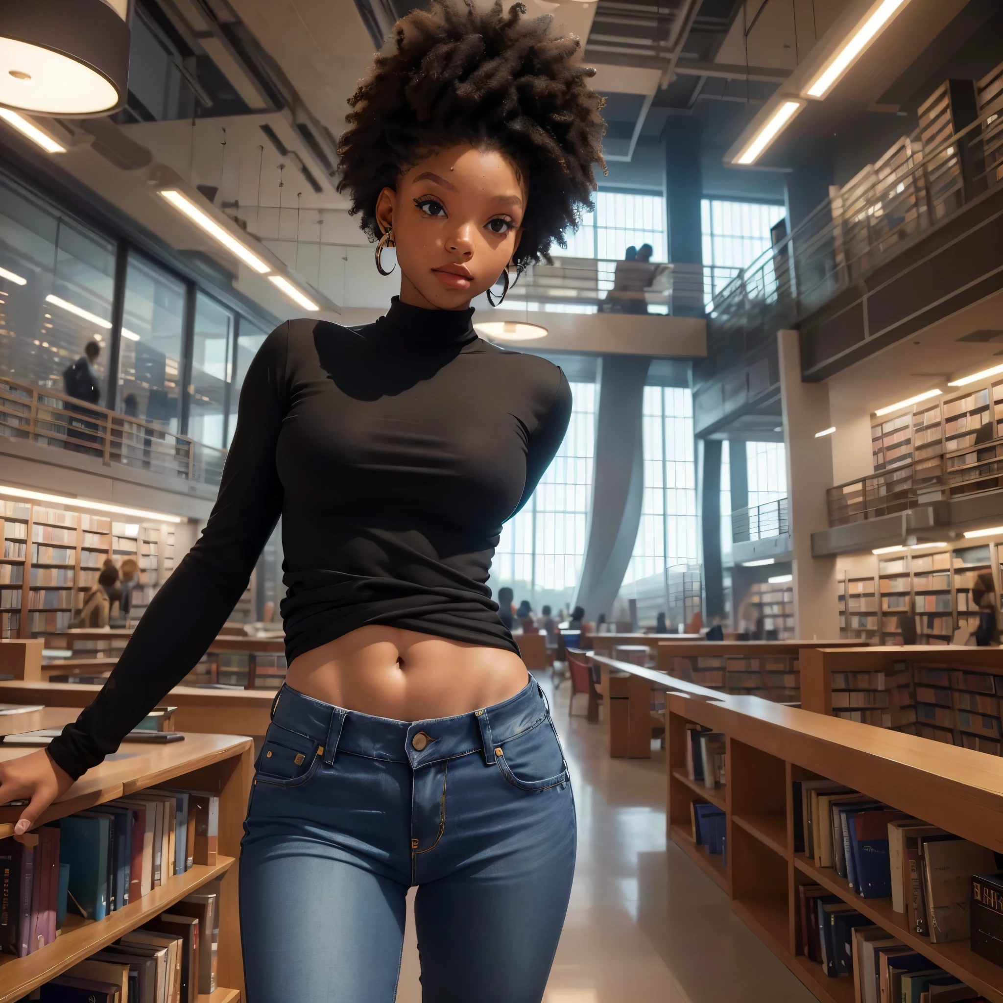 (最高品質,4k,8K,高解像度,傑作:1.2),非常に詳細な, 何千冊もの本を収蔵する巨大な未来的な図書館. 図書館の中央で肩越しに鑑賞者を見ているセクシーな黒人女子大学生, スタイリッシュなジーンズ, スタイリッシュなブラウス, ハレベイリー, 高解像度, 8K, 不条理な, シネスティル800, シャープなフォーカス