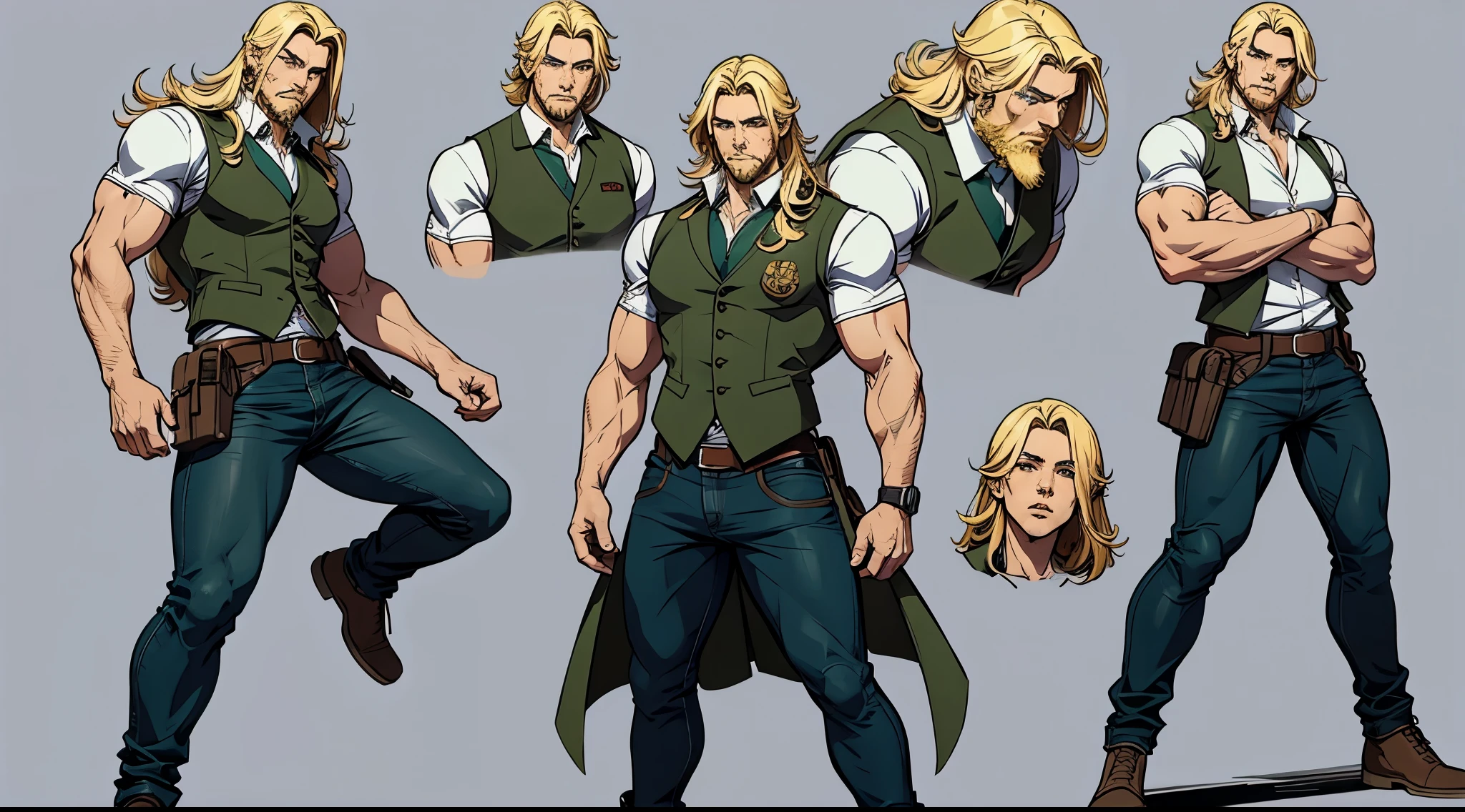 character ANIME man, FULL BODY, standing, STRONG, long blonde hair, ((design sketches)), (masterpiece), extremely detailed, (original design reserved), (random poses), LEADER, (unique accessories), (clothing, green vest, jeans), (bearded face) professionally retouched, white background, (male: 1.1) martial arts, parkour (cauça Jeans r: 0.8), (dirty: 1.1), (movement: 0.8), (young: 1.3), (sprint: 0.6) (silent hill concept) (resident evil concept)  