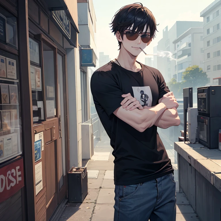 A 2 college student boy, brown shaved head ,pale red lenses sunglasses, blue sharp eyes, wears a black T-shirt and white pants, smoking a cigarette, fearless smile, stared down from him, holding the cigarette in his thumb and index finger, standing up and folding his arms in front of his breast 