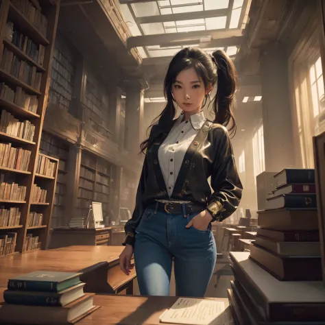 (best quality,4k,8k,highres,masterpiece:1.2),ultra-detailed, giant futuristic library with thousands of books. Sexy japanese fem...