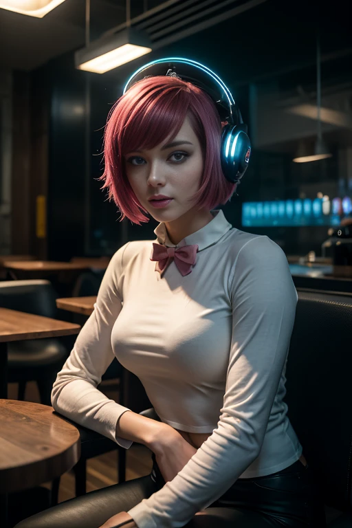 A photo of a young pretty, nerdy woman sitting in a cafe, wearing a white shirt and a bow, surrounded by a cozy lofi atmosphere, looking at the viewer. Short Pink Hair, Stunning Glow Lite Blue Eyes, Amazing beautiful shining hitech astropunk helmet with a big faceshield like an ultimate astronaut, cinematic lut colors, stunning masterpiece of photography, Traditional Cyberbodies, Realistic,DERPD, Science-Fiction, serie-b movie scene. blacklights fluorescent colors, neon-noir ascents, contrasting lsd colors, blue theme