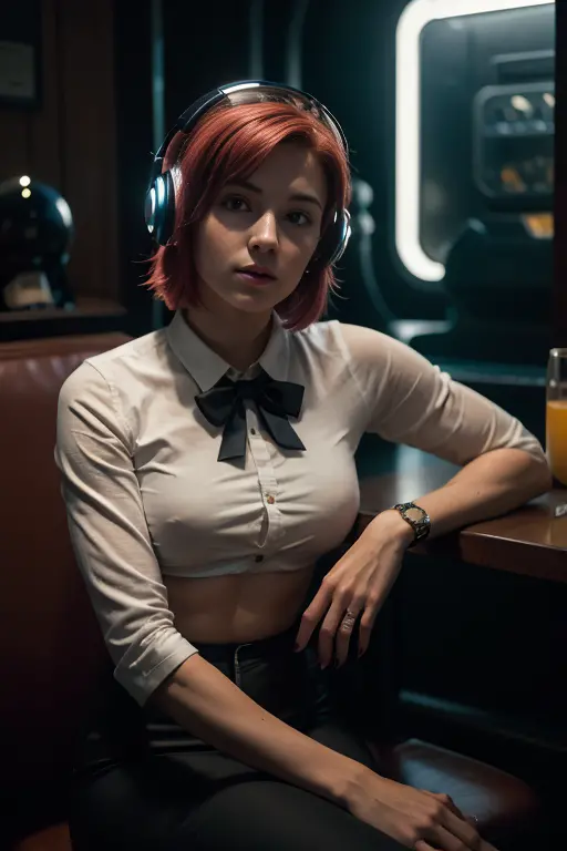 A photo of a young pretty, nerdy woman sitting in a cafe, wearing a white shirt and a bow, surrounded by a cozy lofi atmosphere,...