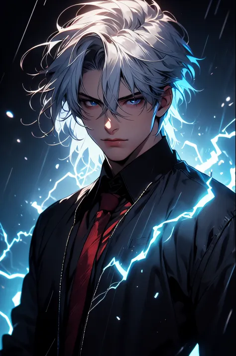masterpiece,best quality,ultra-detailed,1boy,blue lighting,blue electricity,wrapped in electricity all over the body,black_background,rain,white hair,white