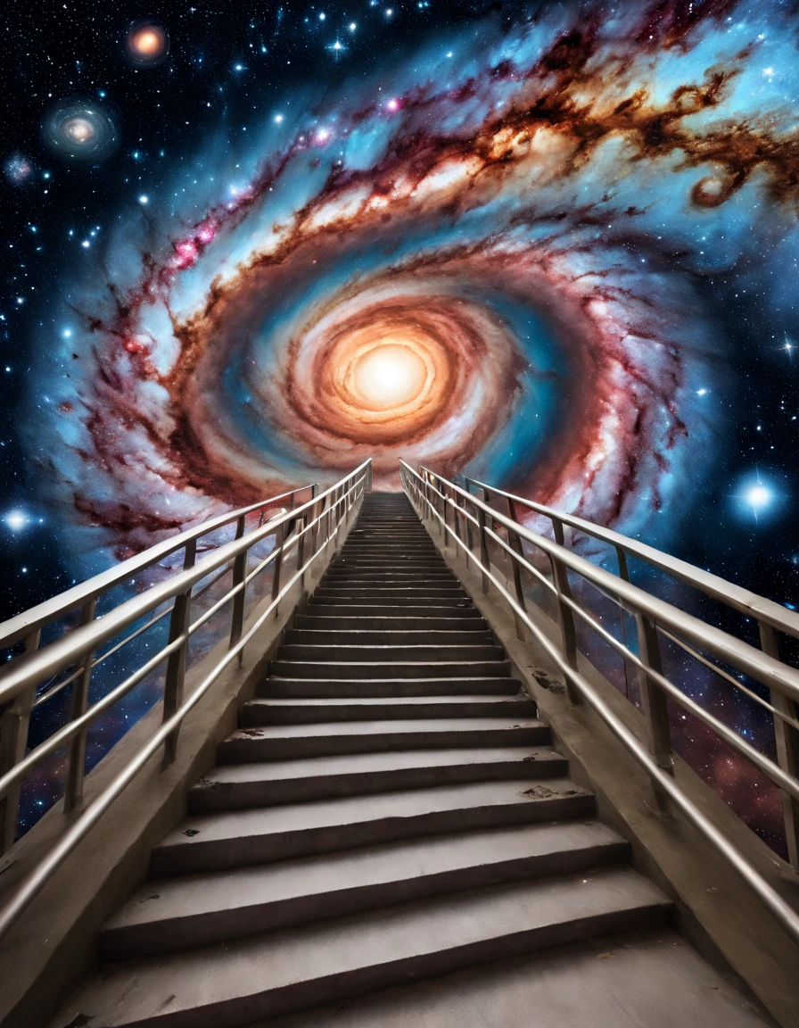 obra maestra, mejor calidad, (arte de escalera), Ojos misteriosos en el cielo estrellado.，cielo estrellado profundo，MÍSTICO，desconocido，Ambiente de película，modo oscuro negativo，imaginario，espectáculo，Soñar mirando hacia la longitud infinita del universo，galaxias infinitas，Dangerous black holeploding supernova，Nebulosa estelar flotante、atmósfera ominosa、modo oscuro negativo、atmósfera matricial、Rotación de código numérico、Abismo，Escaleras al cielo fotografía con flash., alta saturación