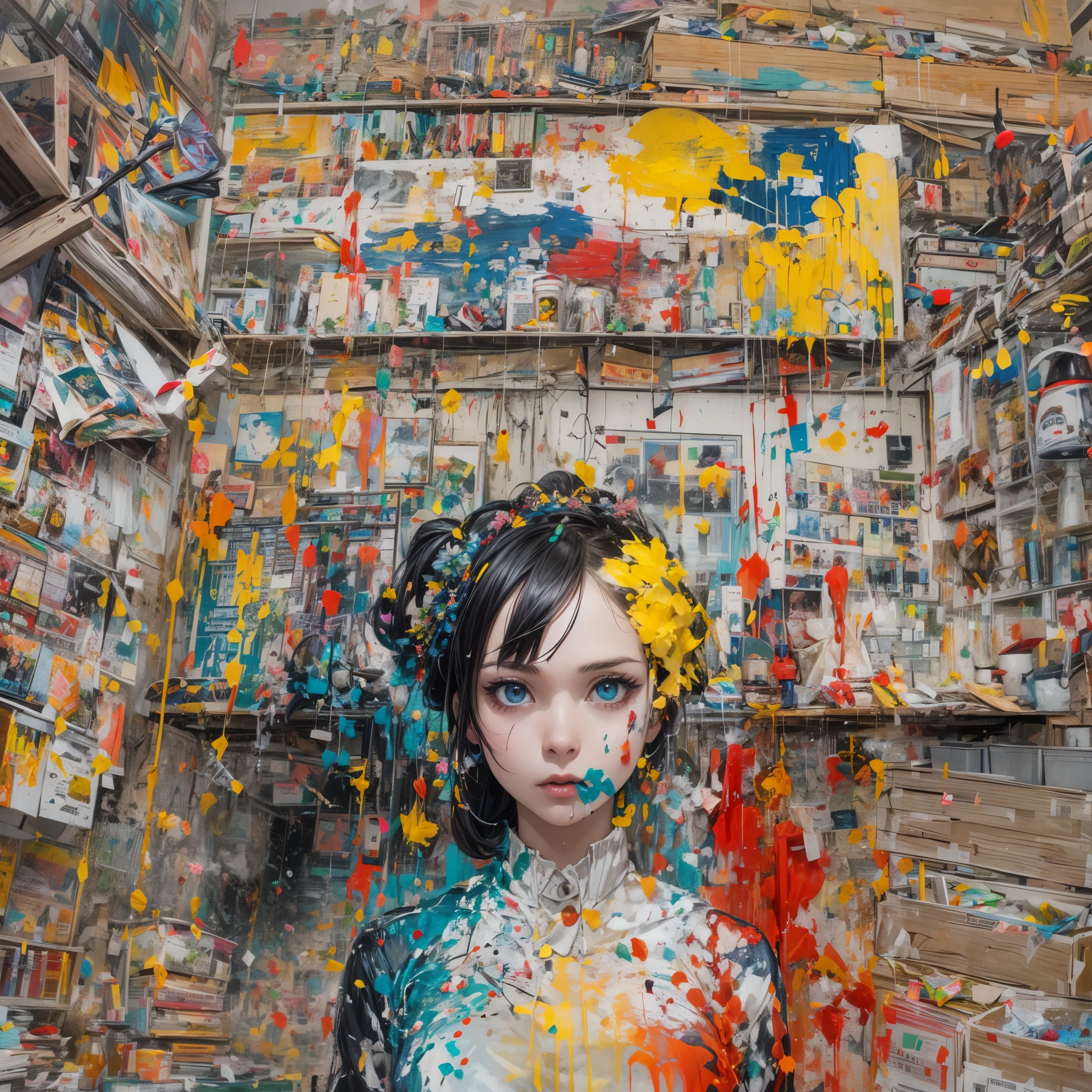 Base Layer (Setting): An art studio with large, primary-colored canvases on the walls, BREAK Middle Layer (Main Character): A girl with bold black eyeliner, holding a painter's palette, splashes of primary colors on her white apron, BREAK Foreground Layer (Additional Elements): Scattered paintbrushes and tubes of paint, BREAK Effect Layer (Focus): The intensity of her focus as she mixes a vivid red, BREAK Final Touches (Atmosphere): The creative chaos of the space, embodying the experimental nature of Godard's films.