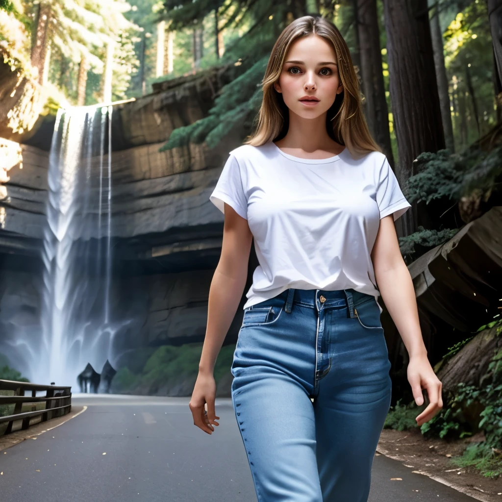 Natalie Portman aged 21, medium cowboy shot, (tall:1.3), (long hair:1.3), strolling, pine trees, deciduous trees, [path:1.5], (waterfall:0.9), (rocks:0.9), sunlight, tucked-in plain white t-shirt, jeans, (big colossal gigantic breasts:1.3), breast expansion