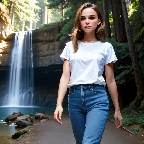 Natalie Portman aged 19, medium cowboy shot, (tall:1.0), (long hair:1.0), strolling, pine trees, deciduous trees, [path:1.5], (w...