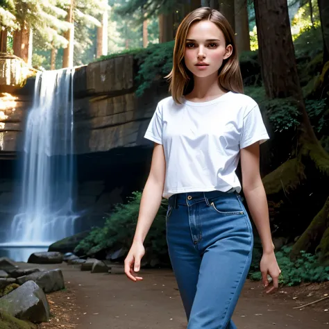 Natalie Portman aged 18, medium cowboy shot, (tall:0.8), (long hair:0.8), strolling, pine trees, deciduous trees, [path:1.5], (w...