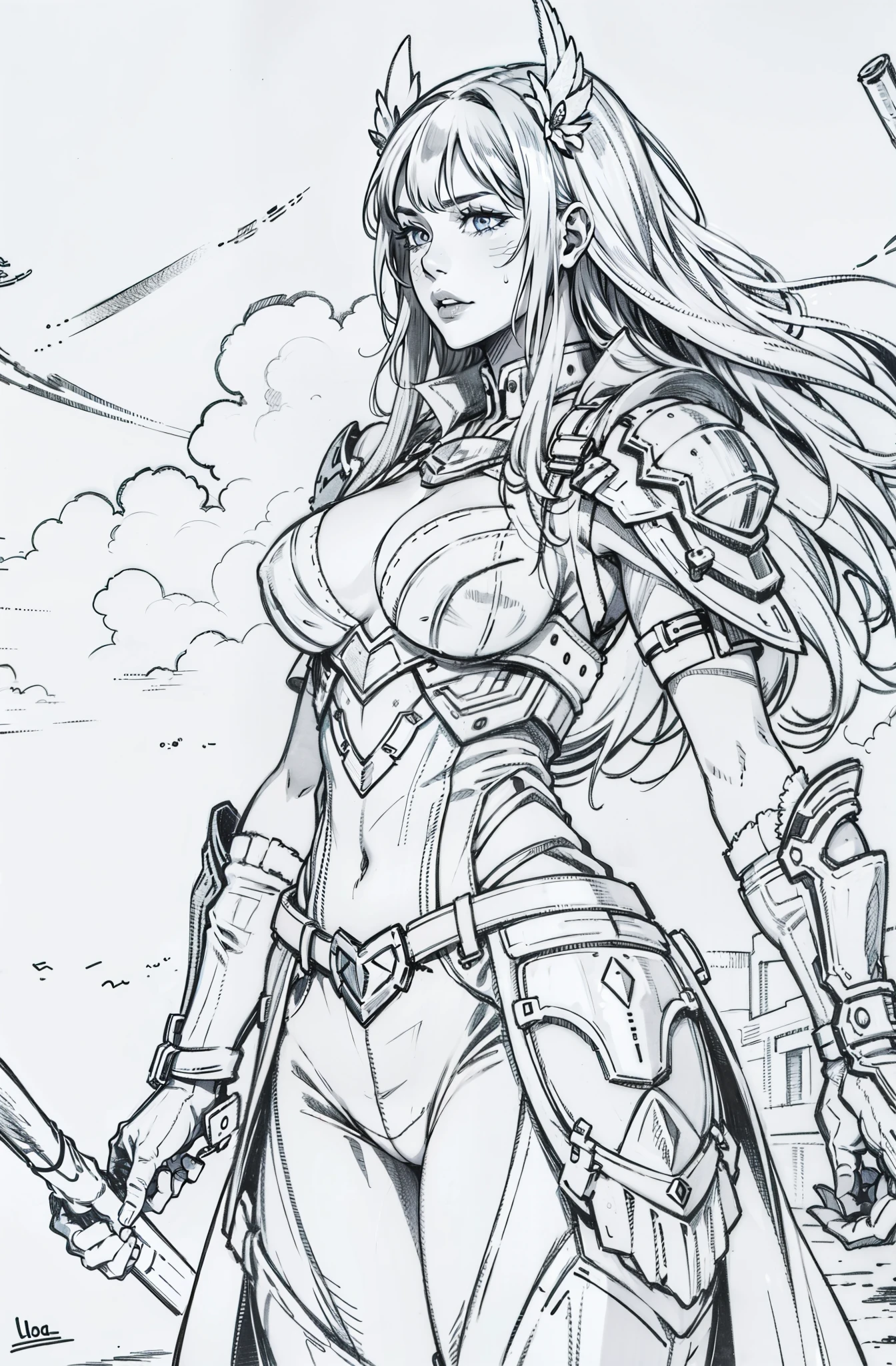 A Drawing Of A Woman In Armor Holding A Sword Seaart Ai 4952