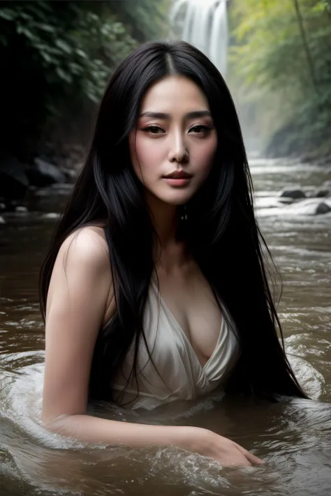 close up portrait of a  Chinese actress Fan Bingbing with long black hair bathing in a river, reedacklighting), realistic, maste...