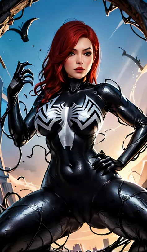 4K，realisticlying，Glamorous，The  very detailed，There  a girl in Dingcheng，Red hair，Wearing a black Spider-Man costume，（Black and white：1.4） the night,symbiote，venomize，a large amount of mucus,she  a spiderman，Black superhero theme，In front of the sky，Flush...