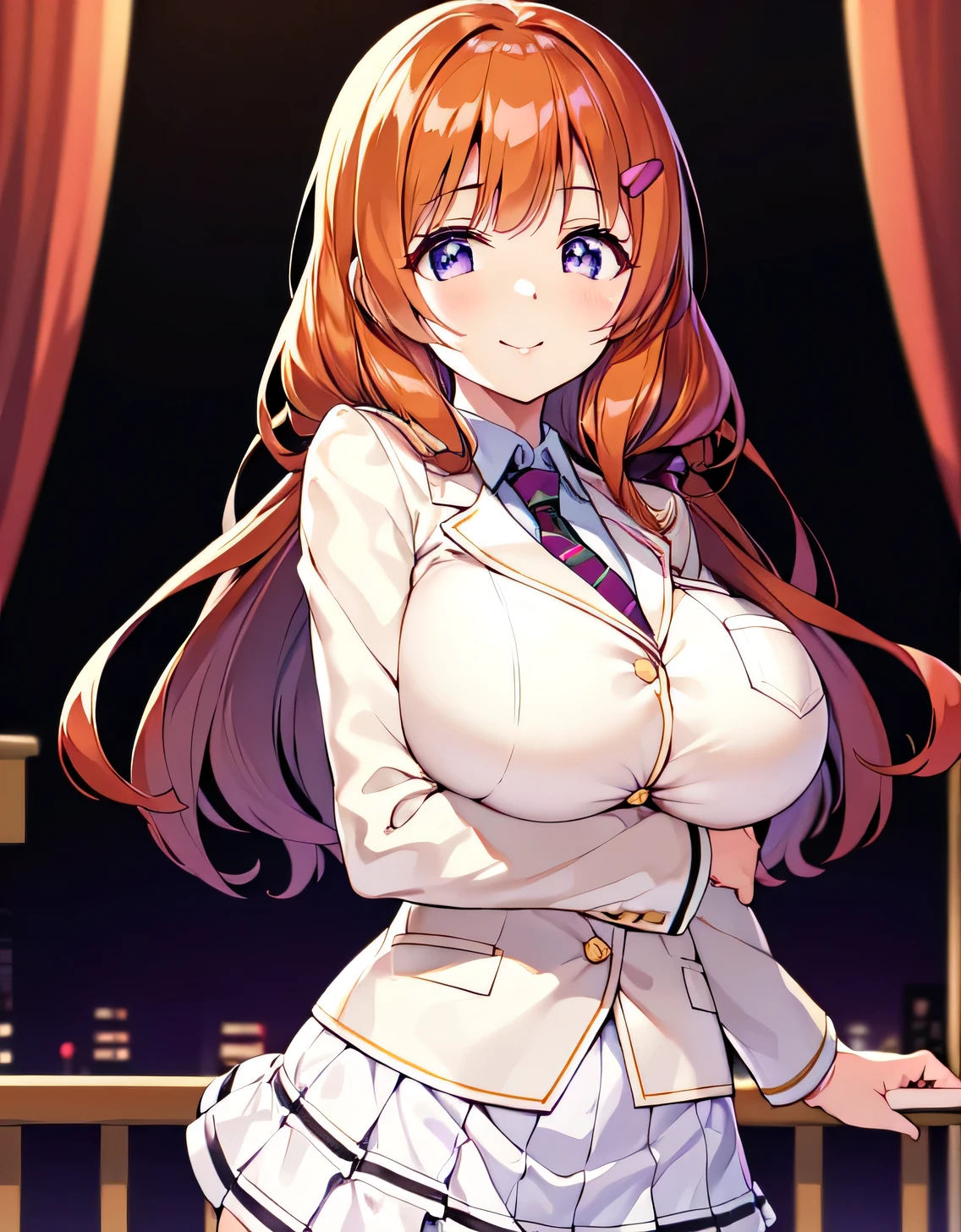 Anju Yuuki,(long hair:0.7), , white blazer, long sleeve, stripe tie, pleated skirt,(big breasts:1.5),looking at the viewer,Are standing,((masterpiece)),((highest quality)),perfect anatomy,8K UHD,highly detailed face,luster and luster,((1 girl)),((alone)),(beautiful and detailed eyes:1.5),perfect image,(Upper body:1.1),(think ahead:1.1),turn your arms behind your back,slim waist,shiny hair,smile,classroom,dull bangs,purple eyes,orange hair,