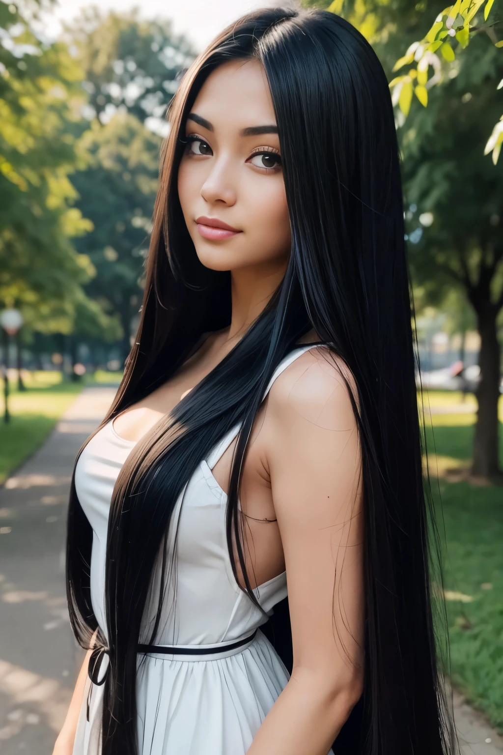 A woman with long black hair standing in a park - SeaArt AI