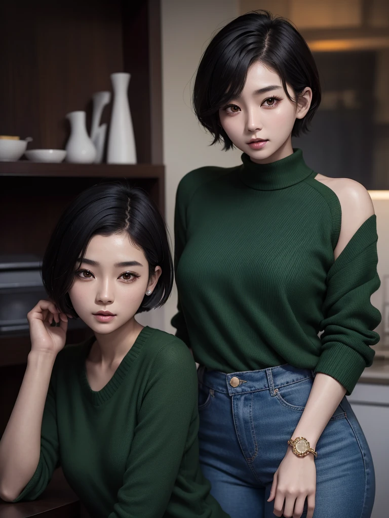 Arafed asian woman with short hair and a green sweater, young adorable  korean fa - SeaArt AI