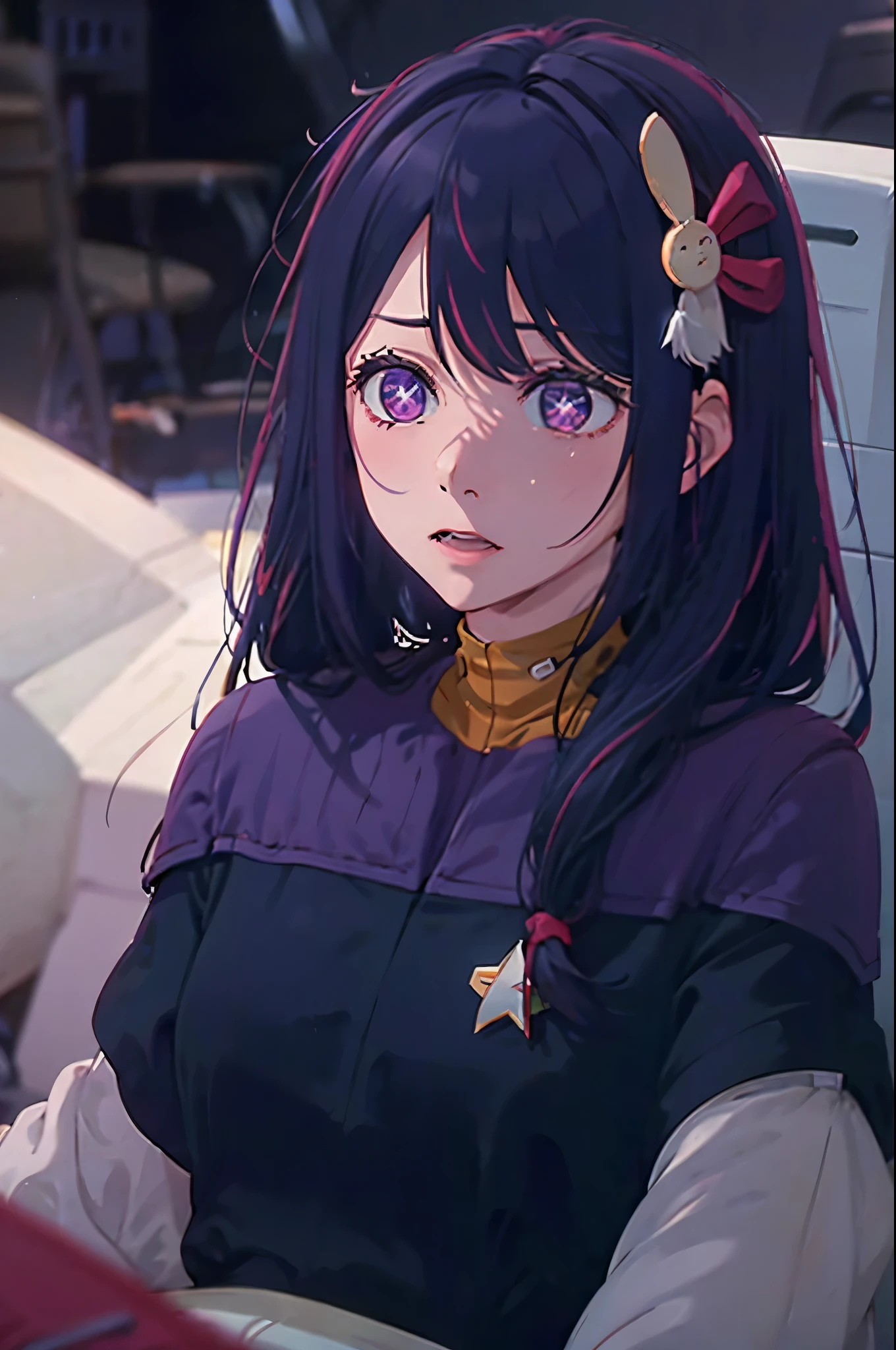 Hoshino Ai, long hair, purple hair, streaked hair ,purple eyes, star-shaped pupils, hair ornament, reacts shocked expression ds9st uniform