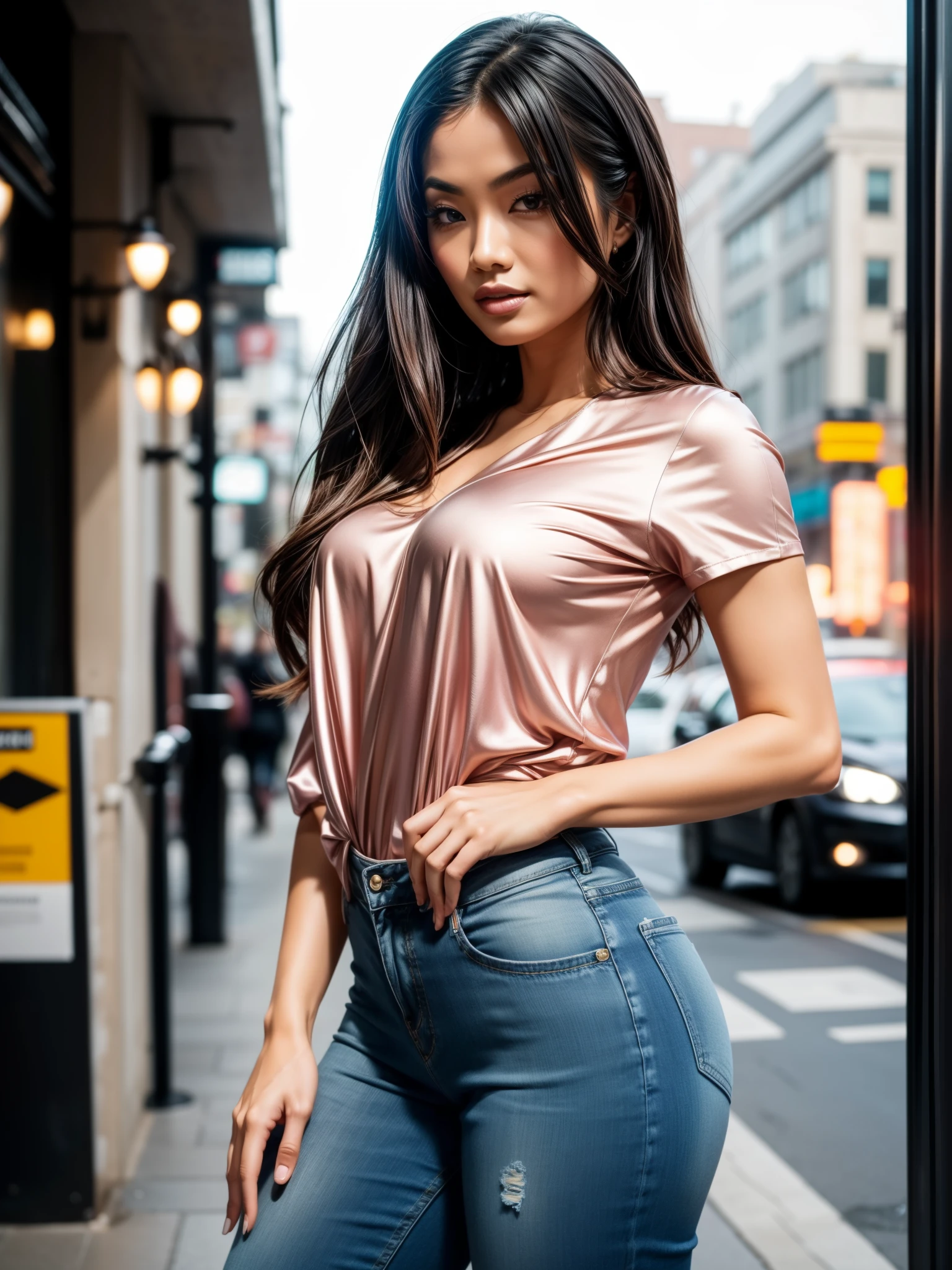 sexy asian woman, long wavy hair, high arched eyebrows, seductive look, light pink low-cut silk blouse, denim fitted hotpants, stilettos, midnight modern metropolis, spot lighting, backlight on hair, shallow depth of field, bokeh,