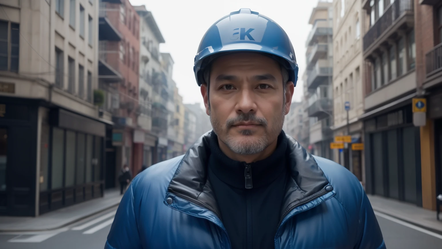 (Extremely detailed CG Unity 8K wallpapers,street, best quality, Super detailed), gray background, 40-year-old man，Live in China, 40-year-old man外卖员, Narrow facial contours, thin eyebrows, sharp vision, tall and thin nose, thin lips, Body slim, Blue storm jacket,Wearing a blue helmet，Wearing a blue helmet，Wearing a blue helmet， Impressed