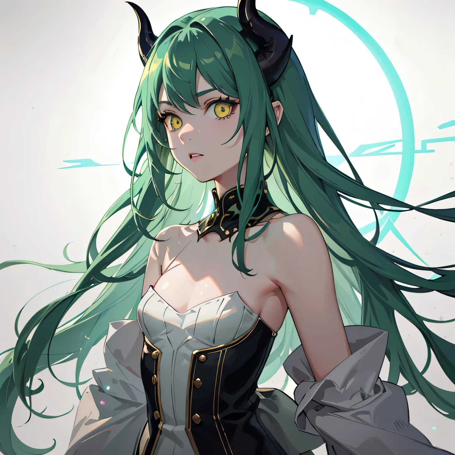 Anime girl with green hair and horns in a white dress - SeaArt AI