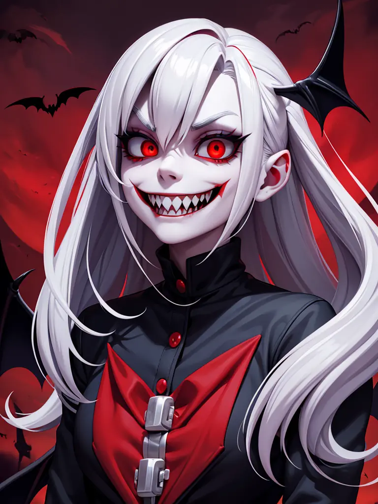 Red eyes, vampir teeth fangs, booldy face, blood out of mouth, smirk,bat wings, scary smile, psychopathic smirk, psychopathic sm...