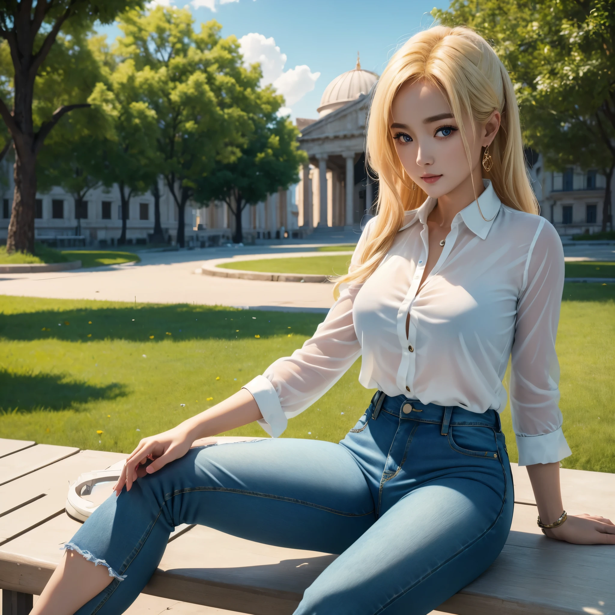 (Meilleure qualité,4k,8k,haute résolution,chef-d&#39;œuvre:1.2),ultra-détaillé, femme grecque blonde assise sur un banc de parc, Yangmi, améliorer, voir à travers, yeux bleus, jeans, chemisier, HDR, 8k, absurdes, Cinéstill 800, netteté