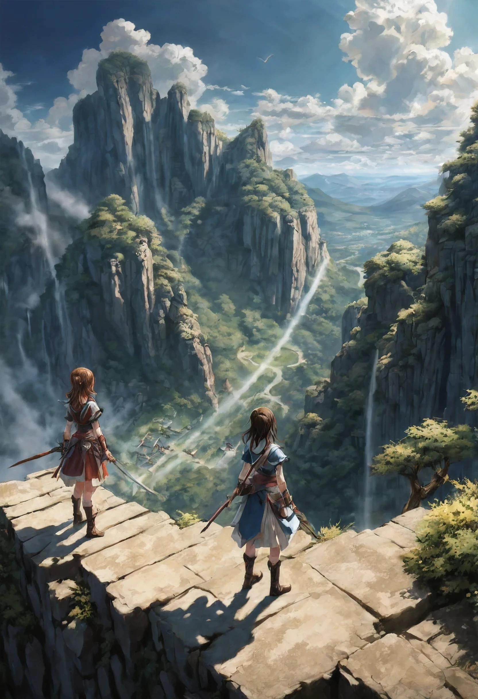 masterpiece, best quality, ultra-detailed, illustration, 2girls,fantasy, RPG, heroine, outdoors, epic, dramatic, dynamic, magic, shadow, impact, realism, naturalistic, video game culture, anime, manga, Japanese, RPG tropes, character design, animation, special effects, composition, scale, high ground, background, perspective, light, light shafts, sunrays, color, texture, detail, beauty, wonder, cinemascope, scenery, panorama, aerial view, mountain 