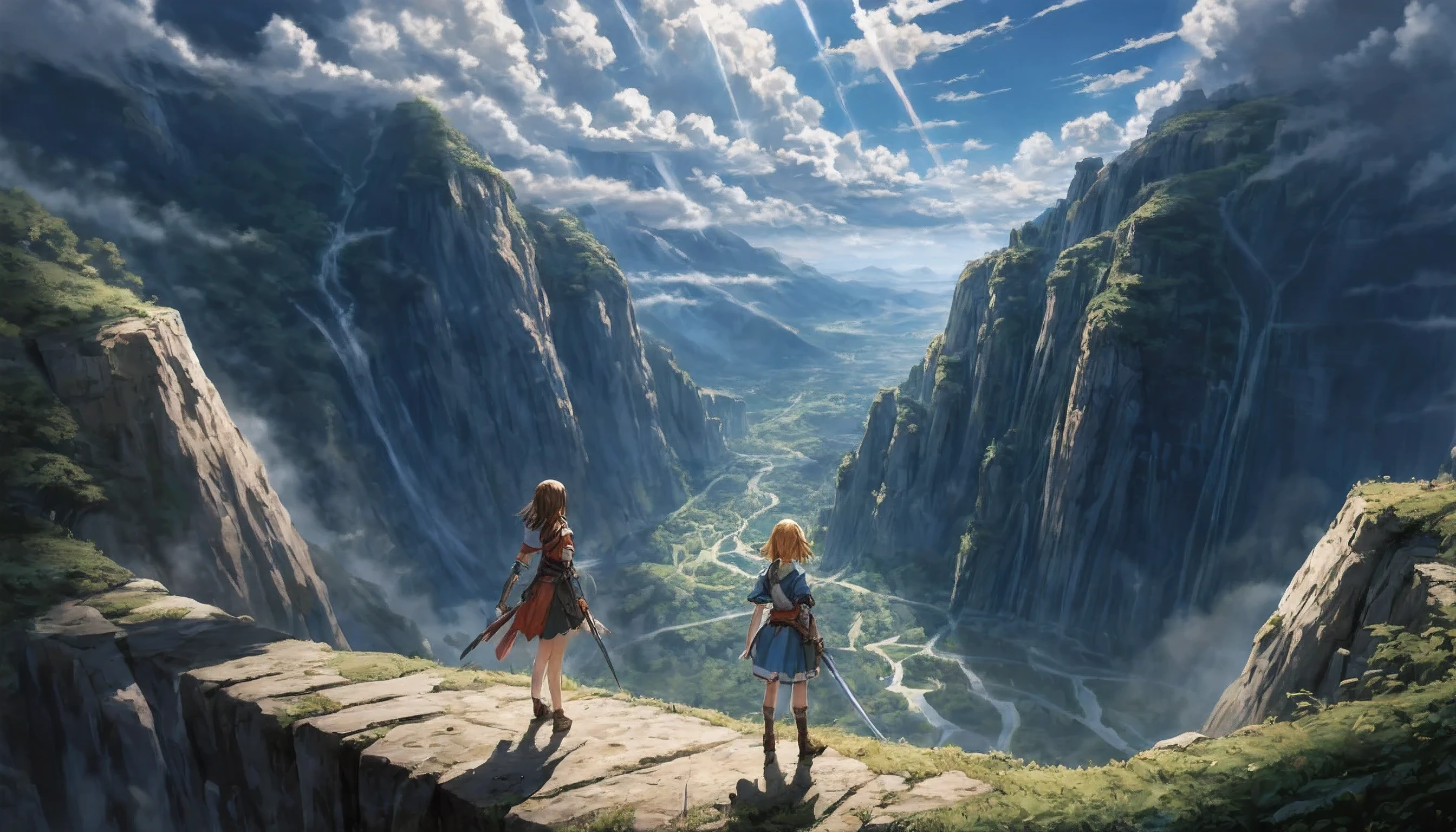 masterpiece, best quality, ultra-detailed, illustration, 2girls,fantasy, RPG, heroine, outdoors, epic, dramatic, dynamic, magic, shadow, impact, realism, naturalistic, video game culture, anime, manga, Japanese, RPG tropes, character design, animation, special effects, composition, scale, high ground, background, perspective, light, light shafts, sunrays, color, texture, detail, beauty, wonder, cinemascope, scenery, panorama, aerial view, mountain 