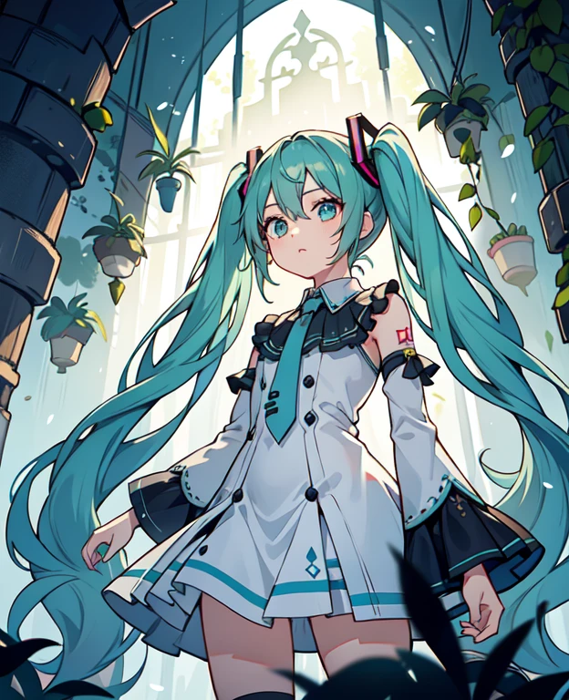 Dentro de una cueva oscura con una abertura en la parte superior, Overhead lighting, Plantas brillantes que iluminan suavemente los alrededores con un tono verde, muslos gruesos, Caderas anchas, mujer madura, (Dramatic light:1.3), 
mujer, Hatsune Miku, Solo, vestido, flor, pelo largo, white vestido, dos colas, very pelo largo, dove