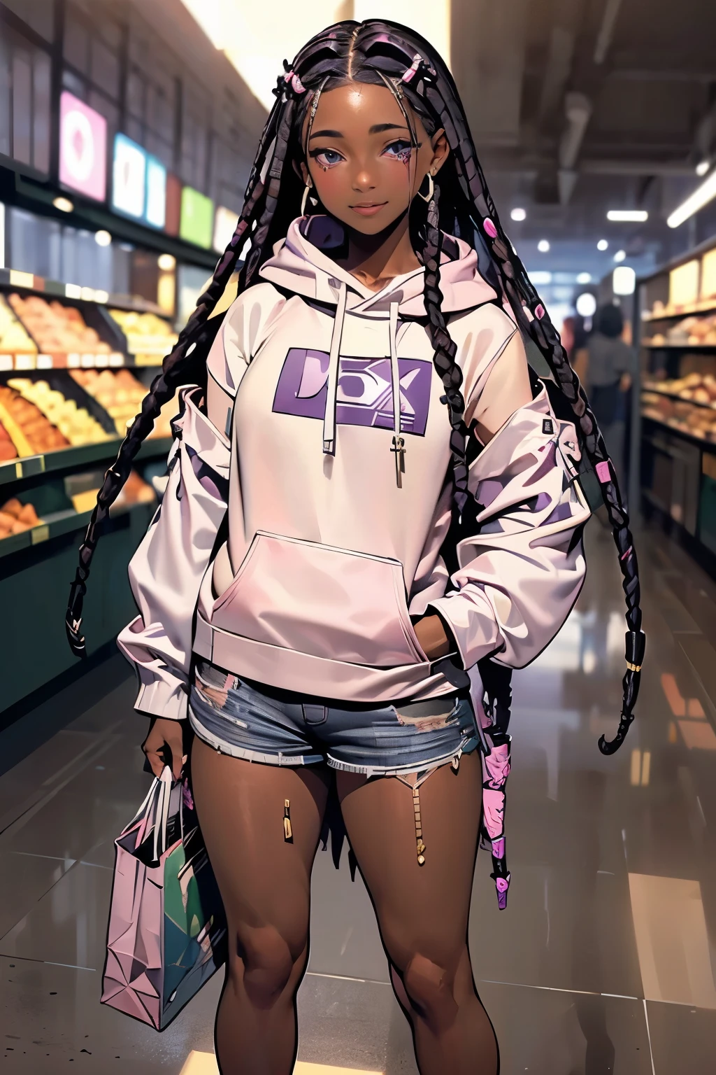 NSFW, 1 chica, Ilustración oficial del arte del anime, aro con joyas doradas, (rastas largas violetas), violet eyes, (Chica haitiana alta y regordeta de piel oscura dentro del pasillo de la panadería de la tienda de comestibles), senos pequeños, (con una sudadera con capucha rosa ligeramente rasgada con las mangas enrolladas), pantalones cortos de mezclilla negros rotos ajustados, muslos regordetes, sosteniendo la bandera haitiana, una mano en la cintura, sonrisa, perfectamente fotorrealista, increíblemente detallado, 8K, HD, obra maestra, mejor calidad, ultra detallado, Intrincado,