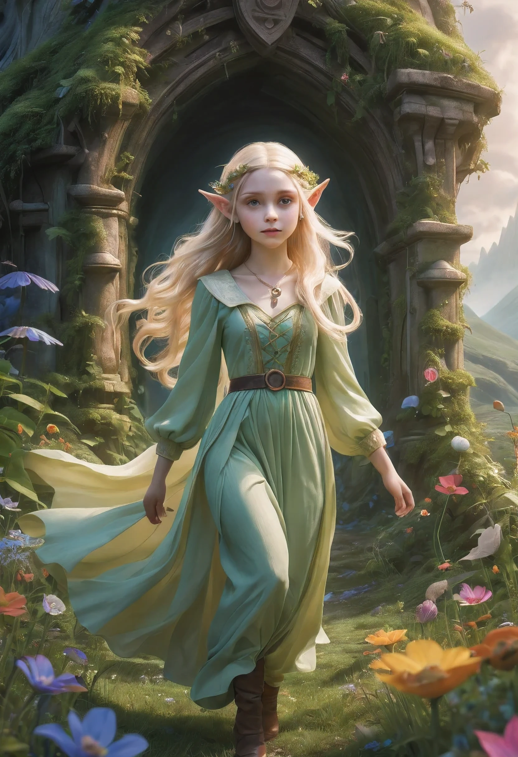 Create an enchanting and whimsical image of a eLEGANT elf girl with flowing blonde Hair, exploring the magical realm of Neverland. Picture her in a vibrant meadow surrounded by fantastical creatures, lost in this timeless and(( dreamlike world)). Capture the essence of innocence, fear, and the endless obstacles that unfold in the encasing landscapes of Neverland. | stunning detail, creative, cinematic, amazing composition, elegant, sad, fascinating, highly detailed, intricate, dynamic, beautiful, positive light, cute, engaging, new, enhanced,EpicLand,oil paint,6000, ruins,more detail XL,realistic