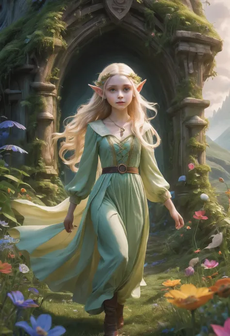 create an enchanting and whimsical image of a elegant elf girl with flowing blonde hair, exploring the magical realm of neverlan...