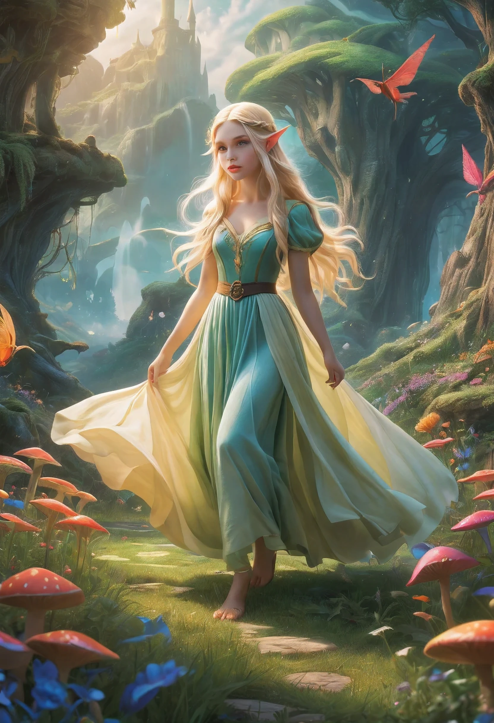 Create an enchanting and whimsical image of a eLEGANT elf girl with flowing blonde Hair, exploring the magical realm of Neverland. Picture her in a vibrant meadow surrounded by fantastical creatures, lost in this timeless and(( dreamlike world)). Capture the essence of innocence, fear, and the endless obstacles that unfold in the encasing landscapes of Neverland. | stunning detail, creative, cinematic, amazing composition, elegant, sad, fascinating, highly detailed, intricate, dynamic, beautiful, positive light, cute, engaging, new, enhanced,EpicLand,oil paint,6000, ruins,more detail XL,realistic