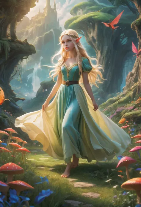 Create an enchanting and whimsical image of a eLEGANT elf girl with flowing blonde Hair, exploring the magical realm of Neverlan...