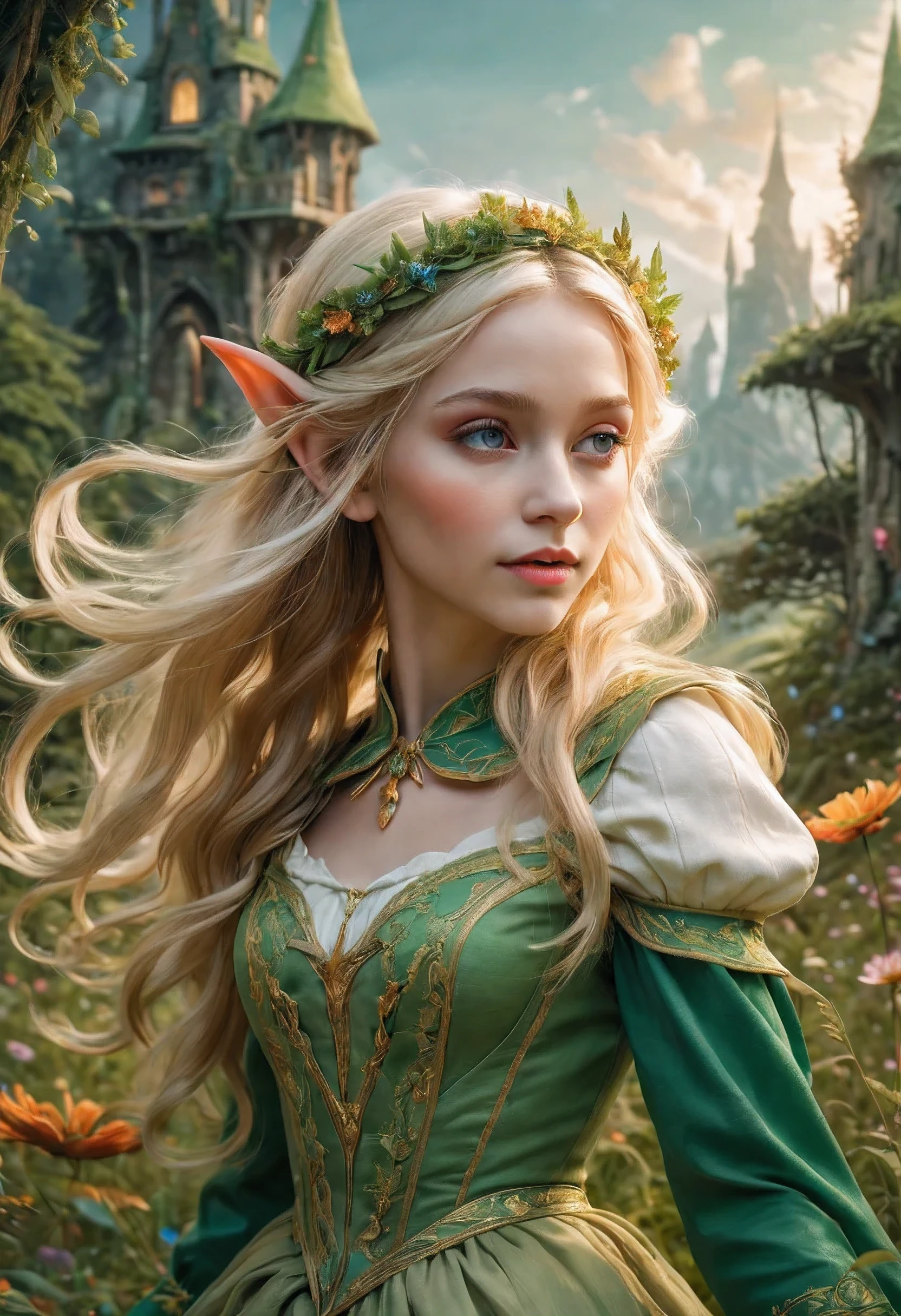 Create an enchanting and whimsical image of a eLEGANT elf girl with flowing blonde Hair, exploring the magical realm of Neverland. Picture her in a vibrant meadow surrounded by fantastical creatures, lost in this timeless and(( dreamlike world)). Capture the essence of innocence, fear, and the endless obstacles that unfold in the encasing landscapes of Neverland. | stunning detail, creative, cinematic, amazing composition, elegant, sad, fascinating, highly detailed, intricate, dynamic, beautiful, positive light, cute, engaging, new, enhanced,EpicLand,oil paint,6000, ruins,more detail XL,realistic