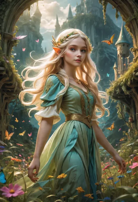 Create an enchanting and whimsical image of a eLEGANT elf girl with flowing blonde Hair, exploring the magical realm of Neverlan...