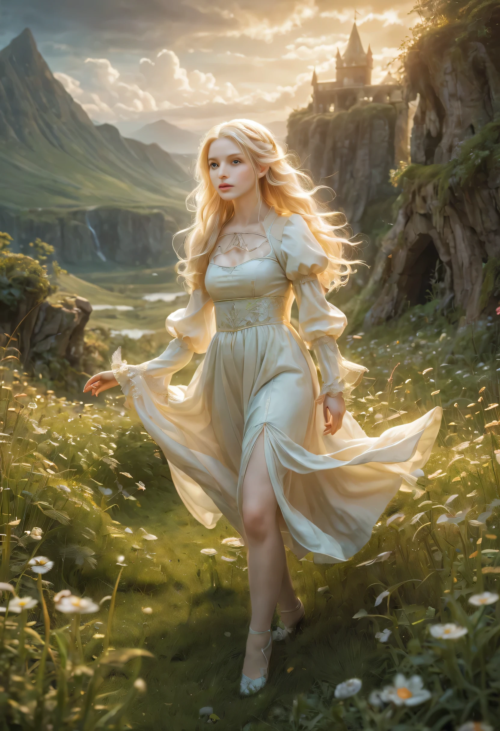 Create an enchanting and whimsical image of a eLEGANT elf girl with flowing blonde Hair, exploring the magical realm of Neverland. Picture her in a vibrant meadow surrounded by fantastical creatures, lost in this timeless and(( dreamlike world)). Capture the essence of innocence, fear, and the endless obstacles that unfold in the encasing landscapes of Neverland. | stunning detail, creative, cinematic, amazing composition, elegant, sad, fascinating, highly detailed, intricate, dynamic, beautiful, positive light, cute, engaging, new, enhanced,EpicLand,oil paint,6000, ruins,more detail XL,realistic