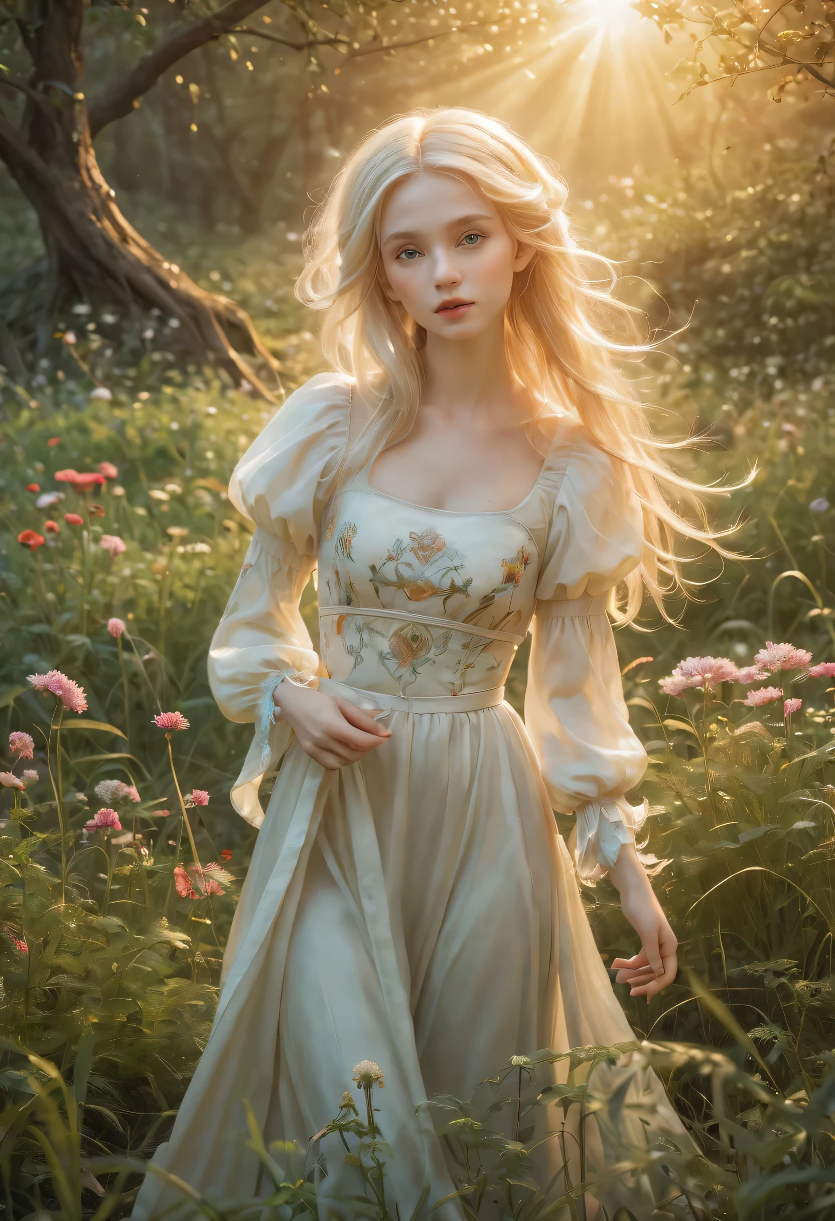 Create an enchanting and whimsical image of a eLEGANT elf girl with flowing blonde Hair, exploring the magical realm of Neverland. Picture her in a vibrant meadow surrounded by fantastical creatures, lost in this timeless and(( dreamlike world)). Capture the essence of innocence, fear, and the endless obstacles that unfold in the encasing landscapes of Neverland. | stunning detail, creative, cinematic, amazing composition, elegant, sad, fascinating, highly detailed, intricate, dynamic, beautiful, positive light, cute, engaging, new, enhanced,EpicLand,oil paint,6000, ruins,more detail XL,realistic