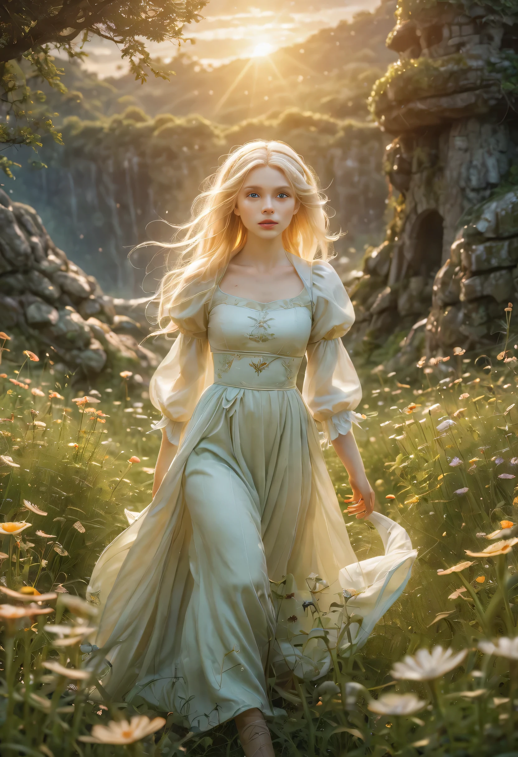 Create an enchanting and whimsical image of a eLEGANT elf girl with flowing blonde Hair, exploring the magical realm of Neverland. Picture her in a vibrant meadow surrounded by fantastical creatures, lost in this timeless and(( dreamlike world)). Capture the essence of innocence, fear, and the endless obstacles that unfold in the encasing landscapes of Neverland. | stunning detail, creative, cinematic, amazing composition, elegant, sad, fascinating, highly detailed, intricate, dynamic, beautiful, positive light, cute, engaging, new, enhanced,EpicLand,oil paint,6000, ruins,more detail XL,realistic