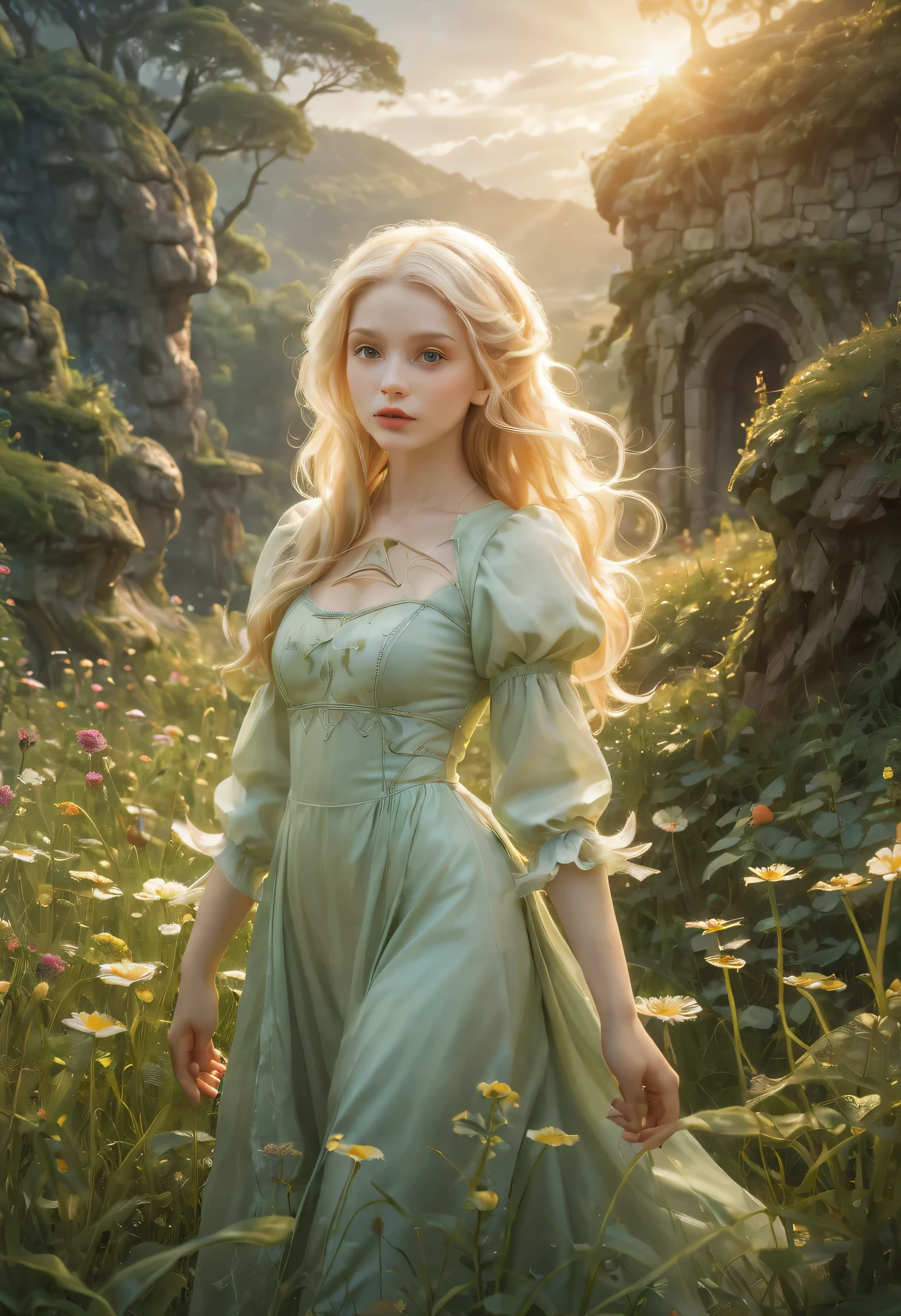 Create an enchanting and whimsical image of a eLEGANT elf girl with flowing blonde Hair, exploring the magical realm of Neverland. Picture her in a vibrant meadow surrounded by fantastical creatures, lost in this timeless and(( dreamlike world)). Capture the essence of innocence, fear, and the endless obstacles that unfold in the encasing landscapes of Neverland. | stunning detail, creative, cinematic, amazing composition, elegant, sad, fascinating, highly detailed, intricate, dynamic, beautiful, positive light, cute, engaging, new, enhanced,EpicLand,oil paint,6000, ruins,more detail XL,realistic