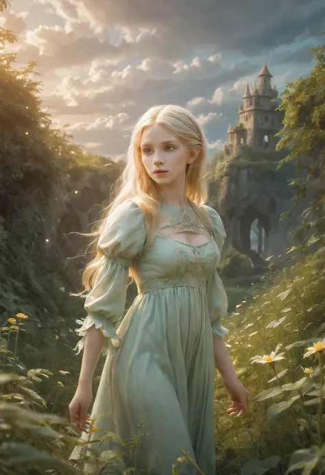 create an enchanting and whimsical image of a elegant elf girl with flowing blonde hair, exploring the magical realm of neverlan...