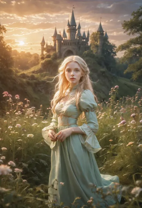 create an enchanting and whimsical image of a elegant elf girl with flowing blonde hair, exploring the magical realm of neverlan...