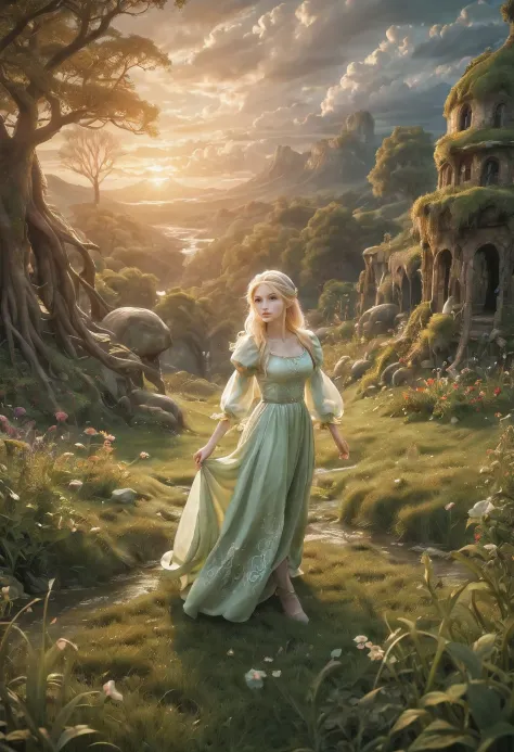 create an enchanting and whimsical image of a elegant elf girl with flowing blonde hair, exploring the magical realm of neverlan...