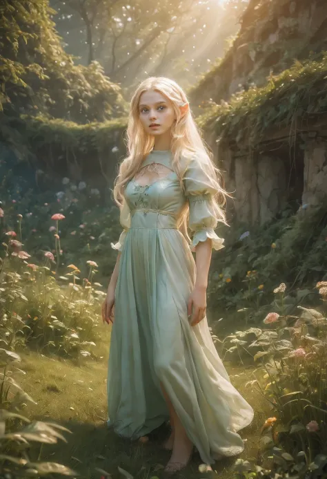 create an enchanting and whimsical image of a elegant elf girl with flowing blonde hair, exploring the magical realm of neverlan...