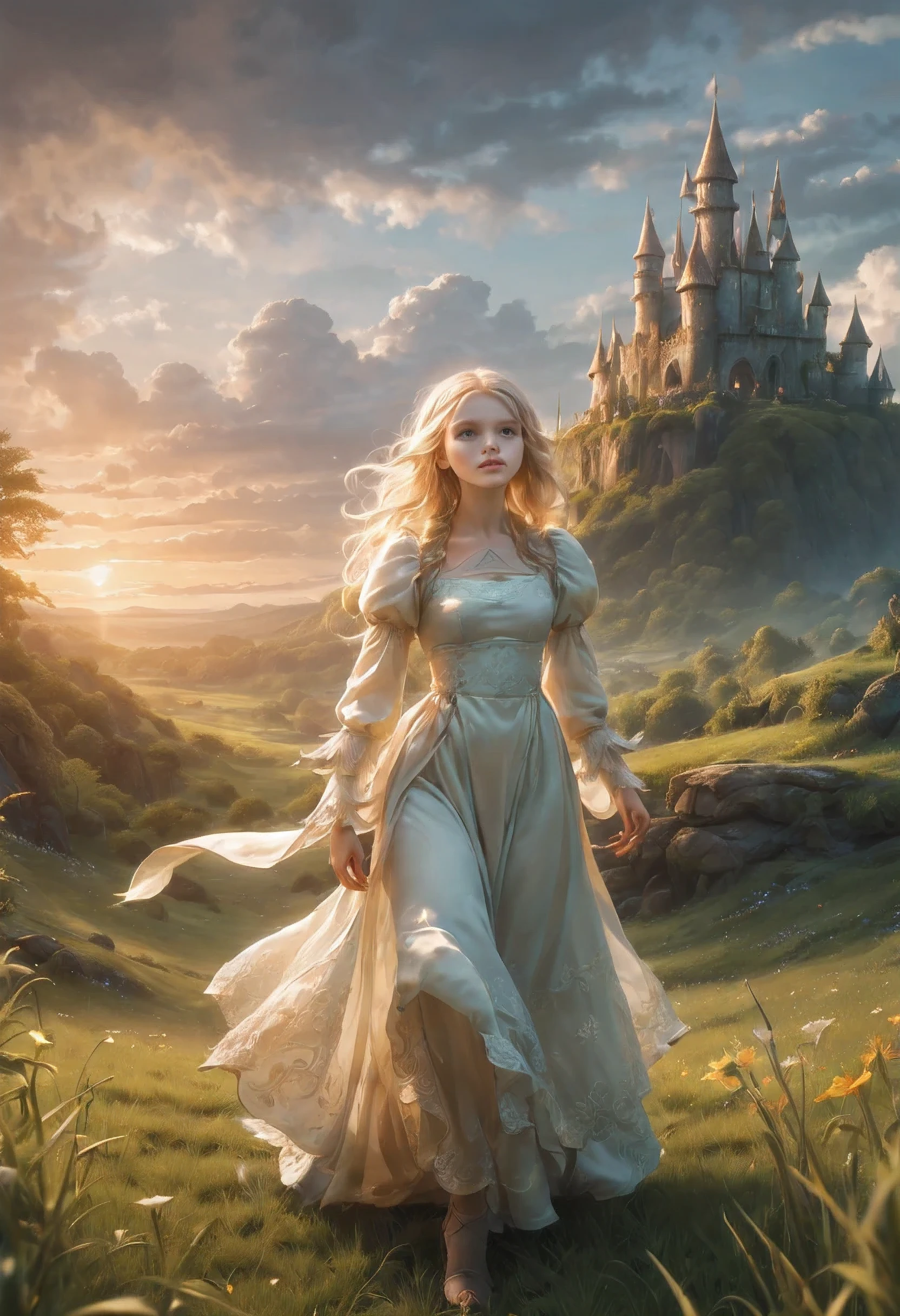 Create an enchanting and whimsical image of a eLEGANT elf girl with flowing blonde Hair, exploring the magical realm of Neverland. Picture her in a vibrant meadow surrounded by fantastical creatures, lost in this timeless and(( dreamlike world)). Capture the essence of innocence, fear, and the endless obstacles that unfold in the encasing landscapes of Neverland. | stunning detail, creative, cinematic, amazing composition, elegant, sad, fascinating, highly detailed, intricate, dynamic, beautiful, positive light, cute, engaging, new, enhanced,EpicLand,oil paint,6000, ruins,more detail XL,realistic,2b