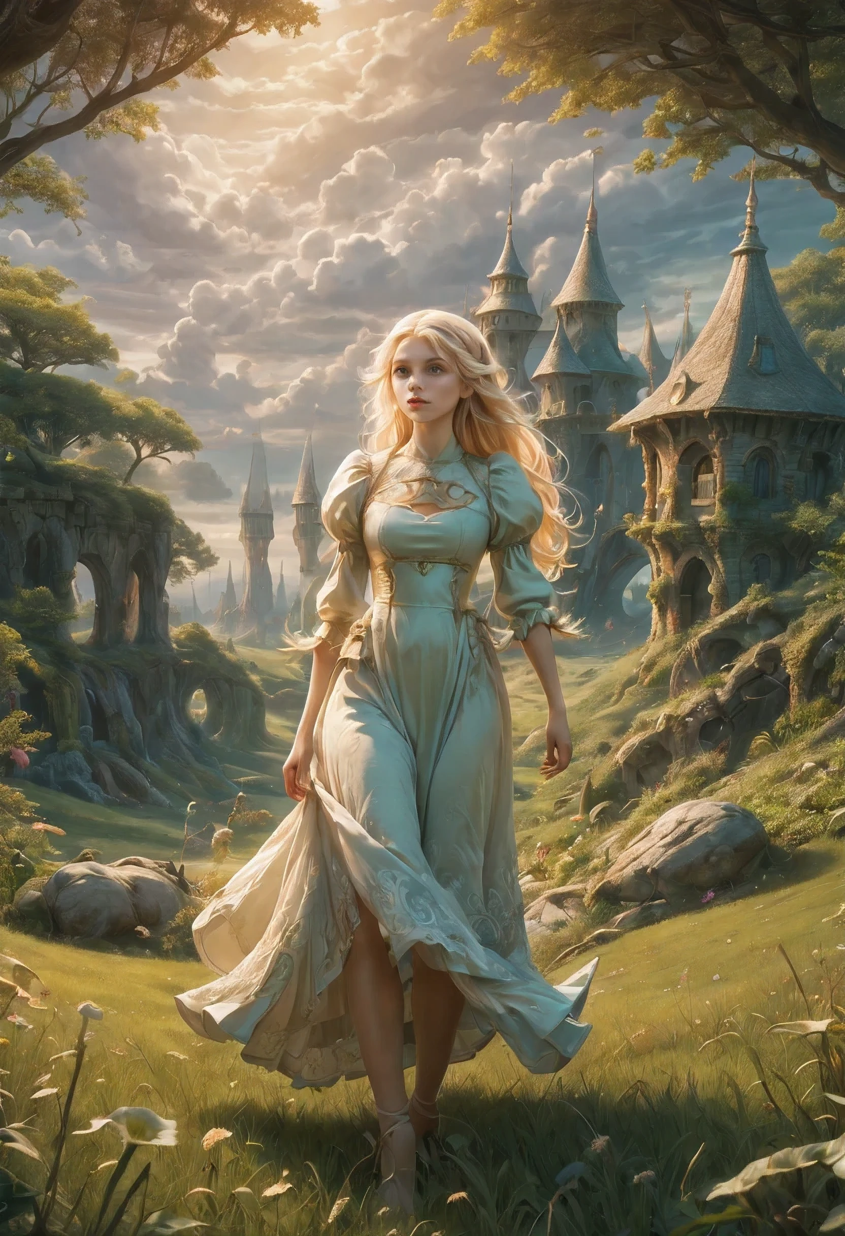 Create an enchanting and whimsical image of a eLEGANT elf girl with flowing blonde Hair, exploring the magical realm of Neverland. Picture her in a vibrant meadow surrounded by fantastical creatures, lost in this timeless and(( dreamlike world)). Capture the essence of innocence, fear, and the endless obstacles that unfold in the encasing landscapes of Neverland. | stunning detail, creative, cinematic, amazing composition, elegant, sad, fascinating, highly detailed, intricate, dynamic, beautiful, positive light, cute, engaging, new, enhanced,EpicLand,oil paint,6000, ruins,more detail XL,realistic,2b