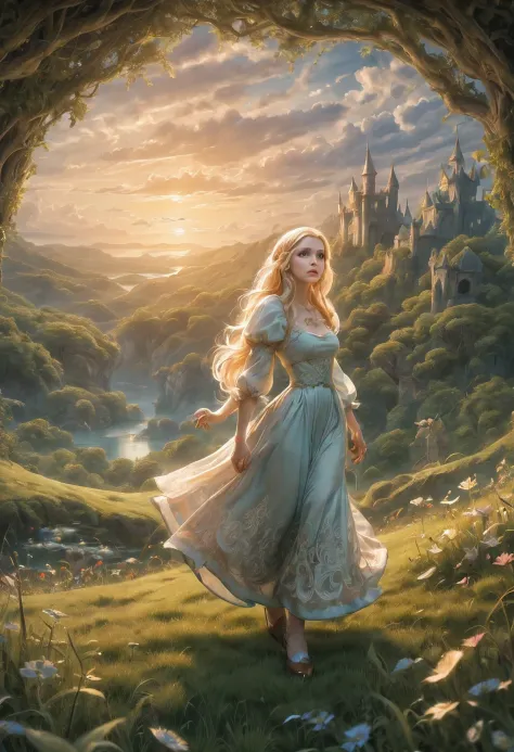 create an enchanting and whimsical image of a elegant elf girl with flowing blonde hair, exploring the magical realm of neverlan...