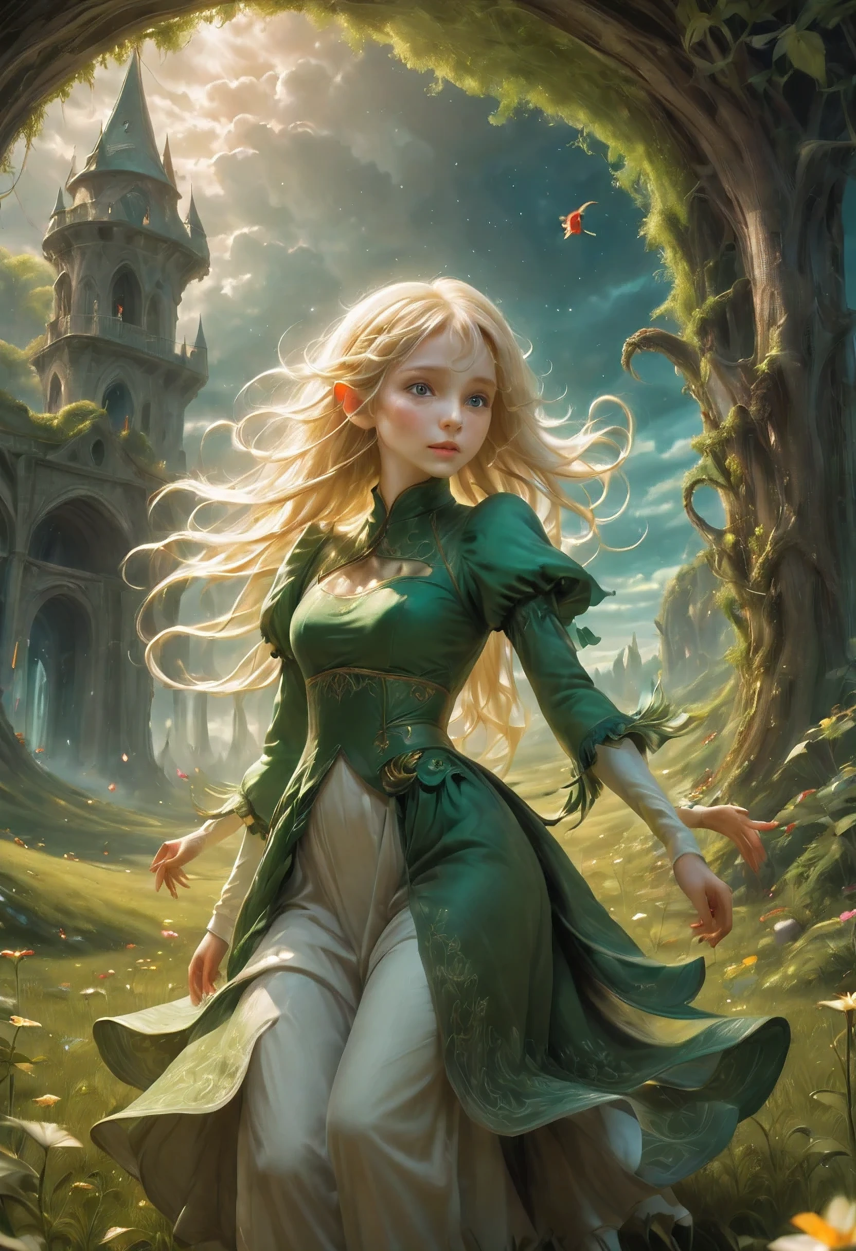 Create an enchanting and whimsical image of a eLEGANT elf girl with flowing blonde Hair, exploring the magical realm of Neverland. Picture her in a vibrant meadow surrounded by fantastical creatures, lost in this timeless and(( dreamlike world)). Capture the essence of innocence, fear, and the endless obstacles that unfold in the encasing landscapes of Neverland. | stunning detail, creative, cinematic, amazing composition, elegant, sad, fascinating, highly detailed, intricate, dynamic, beautiful, positive light, cute, engaging, new, enhanced,EpicLand,oil paint,6000, ruins,more detail XL,realistic,2b