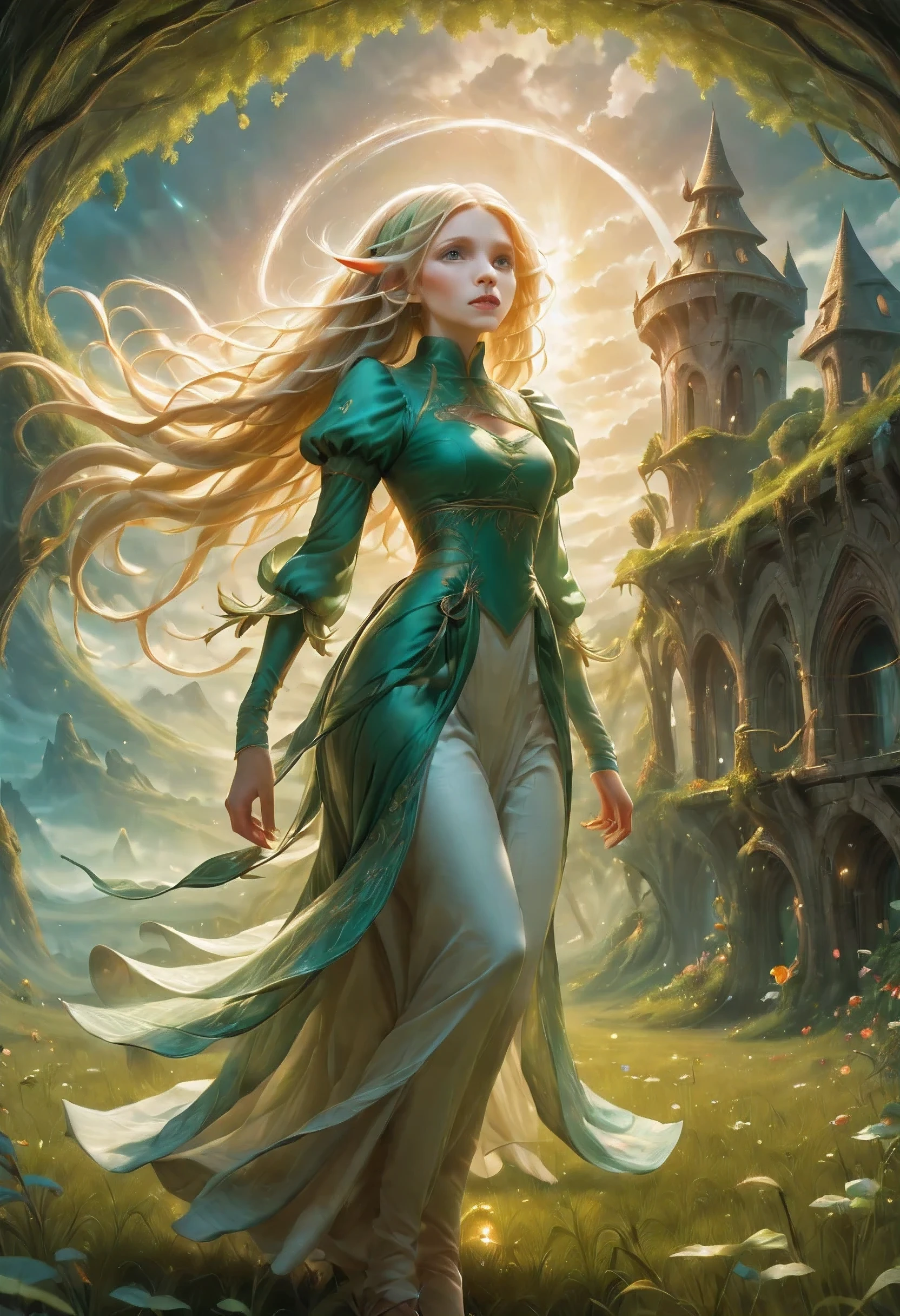 Create an enchanting and whimsical image of a eLEGANT elf girl with flowing blonde Hair, exploring the magical realm of Neverland. Picture her in a vibrant meadow surrounded by fantastical creatures, lost in this timeless and(( dreamlike world)). Capture the essence of innocence, fear, and the endless obstacles that unfold in the encasing landscapes of Neverland. | stunning detail, creative, cinematic, amazing composition, elegant, sad, fascinating, highly detailed, intricate, dynamic, beautiful, positive light, cute, engaging, new, enhanced,EpicLand,oil paint,6000, ruins,more detail XL,realistic,2b